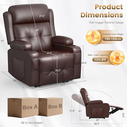 Power Recliner Chair, Home Theater Seating with Heat Massage, Reclining Sofa RV Single Chair, Wall Hugger RV Movie Theater Chairs, RV Furniture Sofas with USB, Cup Holders, Pockets for Gaming Room