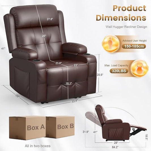 Power Recliner Chair, Home Theater Seating with Heat Massage, Reclining Sofa RV Single Chair, Wall Hugger RV Movie Theater Chairs, RV Furniture Sofas with USB, Cup Holders, Pockets for Gaming Room