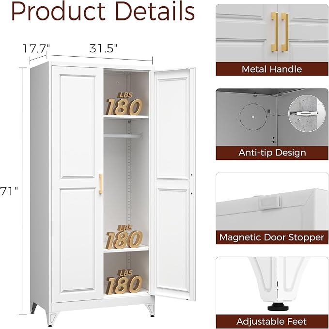Metal Armoire Wardrobe Closet with 2 Doors, 71" Tall Wardrobe Closet with Doors, Hanging Rod, Drawers and Adjustable Shelves, White Clothing Storage Cabinets for Bedroom, Home Office