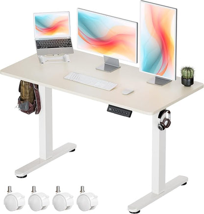 Okin Standing Desk Electric Adjustable Computer Whole Piece Stand up Desk with Wheels Office Gaming Home Office Memory Desks 48x24 inches Cream Brown