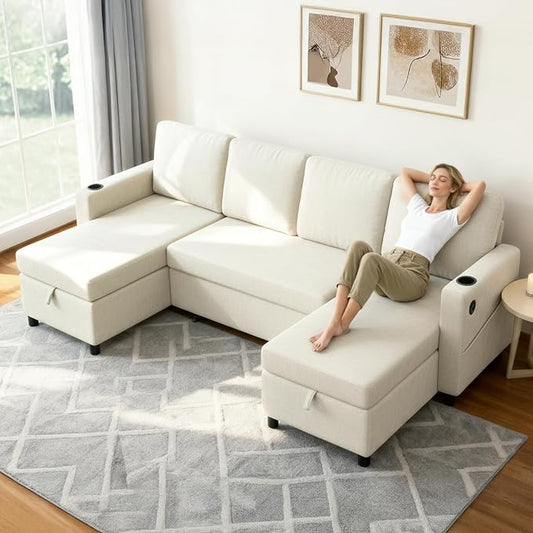 KISLOT 110 Inch Sectional Sleeper Sofa with Pull Out Bed Convertible Plush 2 in 1 Couch with Storage Chaise & USB Charging Comfy L Shaped Modular Couches for Living Room Apartment(3 Box)