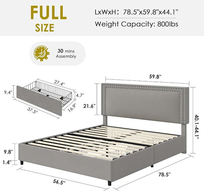 VECELO Full Size Upholstered Bed Frames with 4 Storage Drawers, Adjustable Velvet Rivet Decor Headboard, Wooden Slats Platform Support, No Box Spring Needed, Easy Assembly,Dark Grey