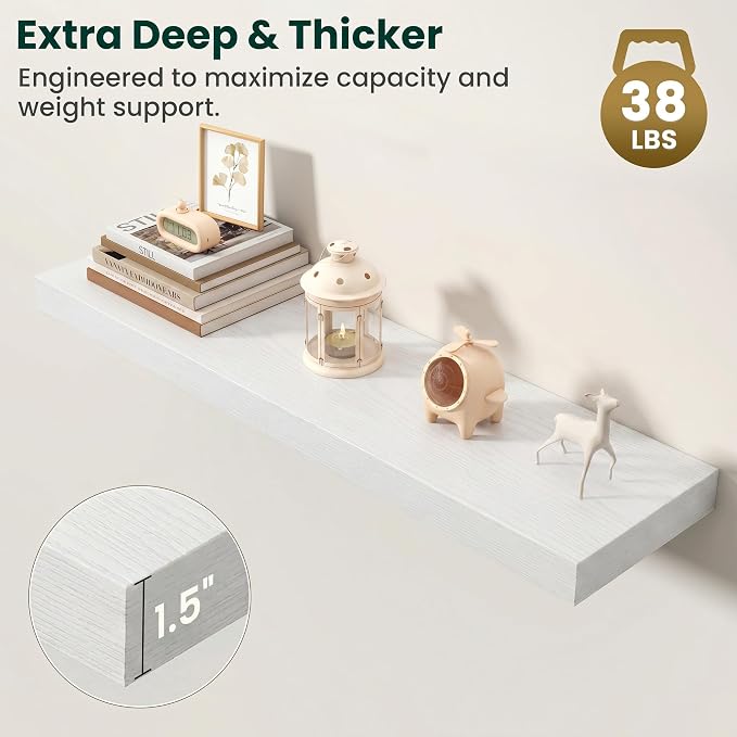 Floating Shelves for Wall, 36 Inch x 8 Inch Deep Wall Mounted Wood Shelf with Invisible Brackets for Storage & Display, Living Room Bedroom Kitchen, White, Set of 2
