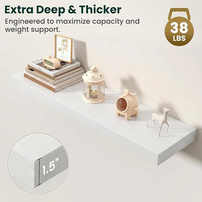 Floating Shelves for Wall, 36 Inch x 8 Inch Deep Wall Mounted Wood Shelf with Invisible Brackets for Storage & Display, Living Room Bedroom Kitchen, White, Set of 2