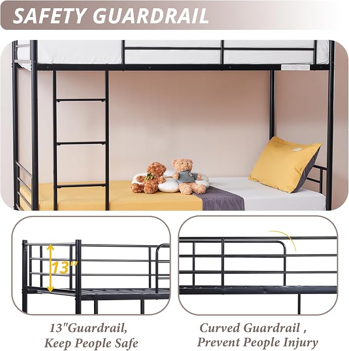 Karl home Metal Bunk Bed Twin Over Twin with Built-in Ladder, Black | Heavy Duty Bunkbeds with Safety Guardrail and Space-Saving Design,Twin Bunk Beds for Kids, Teens & Adults, No Box Spring