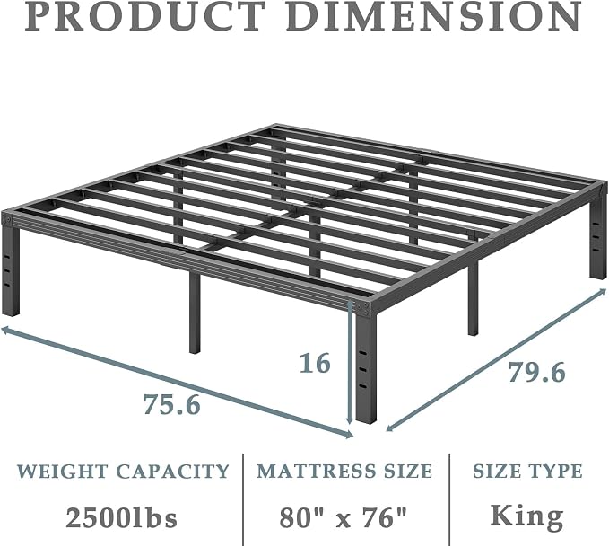 FSCHOS King-Bed-Frame, 16 Inch Metal Platform, Heavy Duty, Easy Assembly, Noise Free, Black