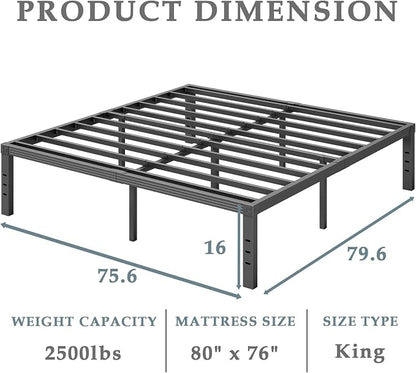 FSCHOS King-Bed-Frame, 16 Inch Metal Platform, Heavy Duty, Easy Assembly, Noise Free, Black