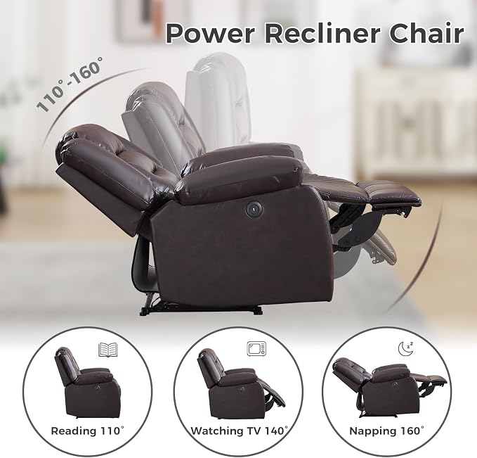 EBELLO Classic Power Recliner Chair, Faux Leather Oversized Electric Overstuffed Chair with Soft Cushion and Back, Sofa with Comfortable Armchair for Living Room, Brown