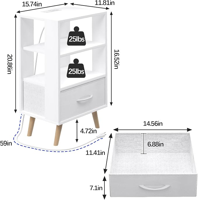 Aenuert Night Stand with Charging Station, White Nightstand with Drawer, 3-Tier Wooden Bedside Table with USB Ports and Outlets, End Table for Small Space, Living Room, Bedroom