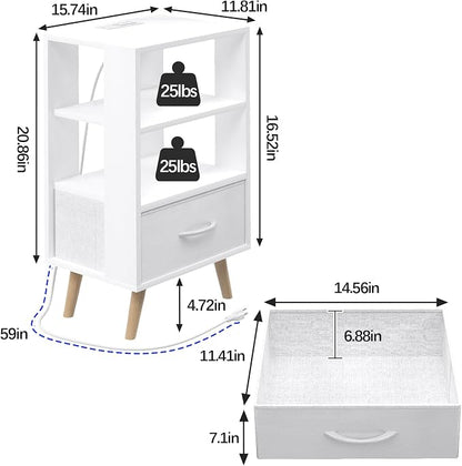 Aenuert Night Stand with Charging Station, White Nightstand with Drawer, 3-Tier Wooden Bedside Table with USB Ports and Outlets, End Table for Small Space, Living Room, Bedroom