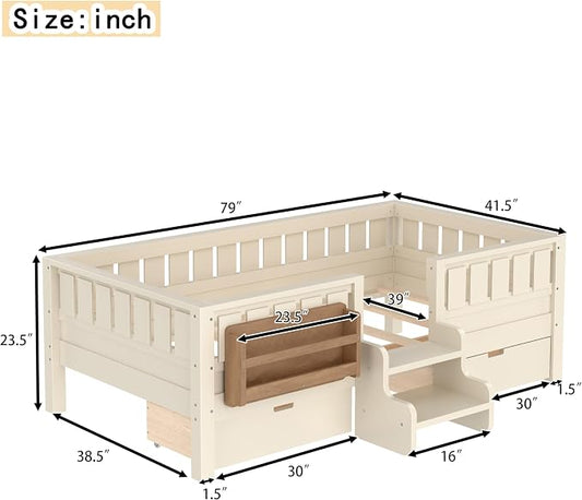 Bellemave Twin Size Kids Bed with high Rails and with Built-in Bookshelf and Drawers for Kids, Girls, Boys, Wood Montessori Bed Without Door, Beige