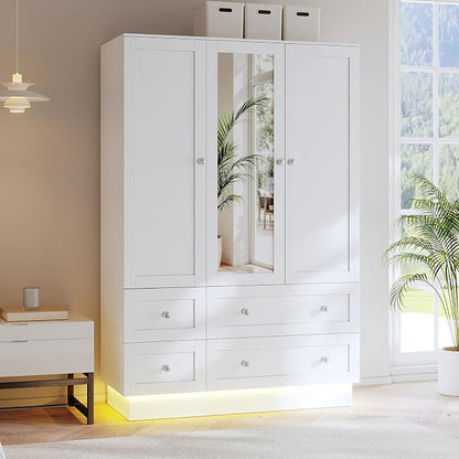 VOWNER Wardrobe Closet with 3 Doors Bedroom Armoire with Mirror & 4 Drawers | Large Capacity Storage Closet with LED Light and Hanging Rod for Bedroom, White 47" L