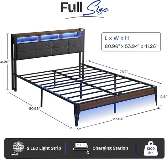 Full Size bed frame with headboard, Upholstered Platform Bed Frame with Charging Station, Dual LED Light Strips, 2-Tier Storage Shelves, Heavy Duty Metal frame, Noise-Free, No Box Spring Needed, Black