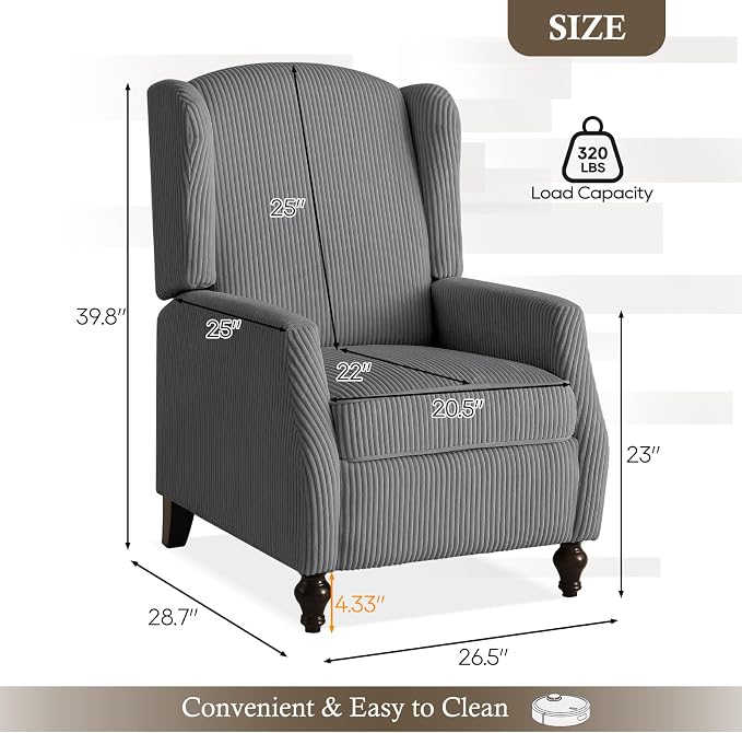 Upholstered Wingback Recliner Chair, Cozy Corduroy Manual Push Back Recliner for Living Room, Bedroom (2, Gray)
