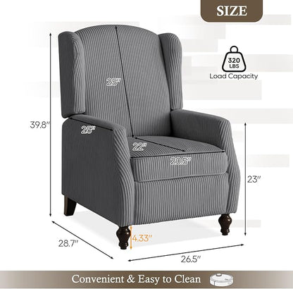 Upholstered Wingback Recliner Chair, Cozy Corduroy Manual Push Back Recliner for Living Room, Bedroom (2, Gray)