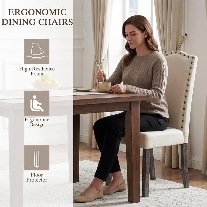 LSSBOUGHT Dining Chair Upholstered Parsons Kitchen Chair with Copper Nails and Solid Wood Legs (Beige-Fabric, Set of 6)