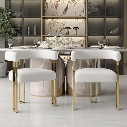 Hyfirm Beige and Gold Modern Dining Chairs Set of 2, Velvet Upholstered Barrel Armchairs with Metal Legs for Kitchen Island, Mid Century Accent Chairs for Dining Room Living Room, Open-Back