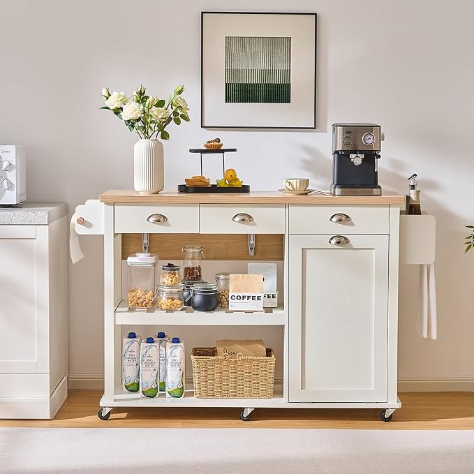ONBRILL 56" Kitchen Island with Drop Leaf, Rolling Kitchen Cart with Trash Cabinet, Power Outlet, 2-Tier Open Shelves, 3 Drawers, Spice & Paper Towel Racks, 6 Wheels (4 Locking) for Dining Room, White