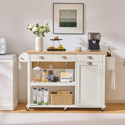 ONBRILL 56" Kitchen Island with Drop Leaf, Rolling Kitchen Cart with Trash Cabinet, Power Outlet, 2-Tier Open Shelves, 3 Drawers, Spice & Paper Towel Racks, 6 Wheels (4 Locking) for Dining Room, White