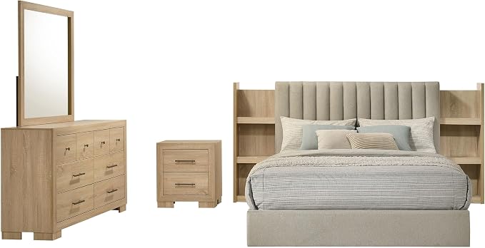 Coaster Home Furnishings - Arielle - Wood - 4-Piece Bedroom Set with Storage Bed, Channel-Tufted Headboard, Bookcase Panels and Transitional Style - Bedroom - Queen Size - Light Oak - 223111Q-S4