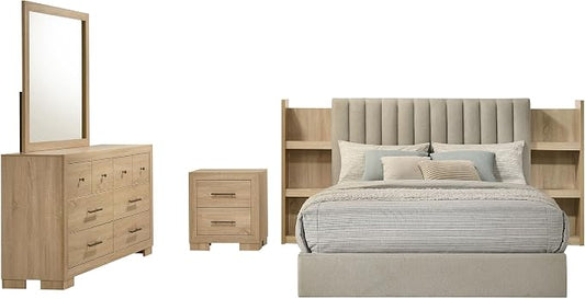 Coaster Home Furnishings - Arielle - Wood - 4-Piece Bedroom Set with Storage Bed, Channel-Tufted Headboard, Bookcase Panels and Transitional Style - Bedroom - Queen Size - Light Oak - 223111Q-S4