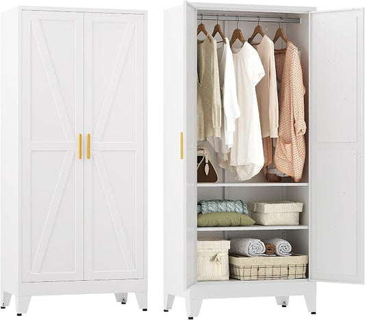 YAUWOH Farmhouse Wardrobe Cabinet,Metal Wardrobe Closet with Hanging Rod,Metal Armoire with Adjustable Shelves for Bedroom,Cloak Room,Office (White)