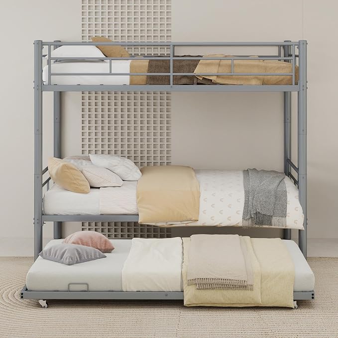 3-Way Convertible Twin over Twin Bunk Bed with Trundle, Metal Low Bunkbed for Kids Boys Girls, Guardrail & Ladders, Heavy Duty, No Box Spring Needed, Space-Saving, Easy Assembly (Silver, With Trundle)