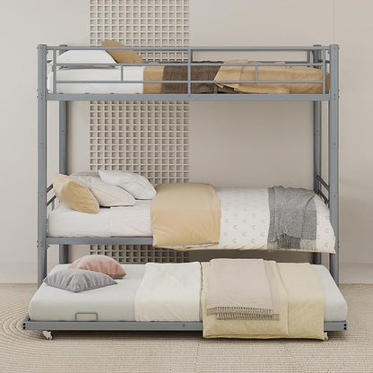 3-Way Convertible Twin over Twin Bunk Bed with Trundle, Metal Low Bunkbed for Kids Boys Girls, Guardrail & Ladders, Heavy Duty, No Box Spring Needed, Space-Saving, Easy Assembly (Silver, With Trundle)