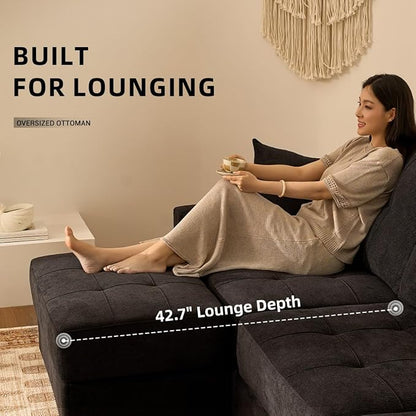 112" U Shaped Modular Cloud Sectional Couch, Waffle Fabric, Black | Modular Deep Seat Sofa, Movable Ottoman, Pocket Spring Cushions, 2-Box Delivery, Living Room Lounge Use, Not Boneless