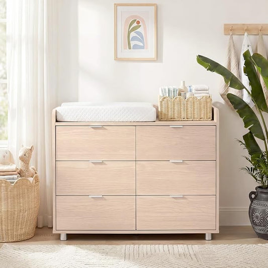 MAMAZING Keeva Pro 6-Drawer Baby Dresser with Changing Table, Easy Assembly | Washed Natural Wooden Nursery Dresser, Anti-Tip Design & Adjustable Feet, Dresser for Bedroom, Kids & Toddlers, 44" Wide