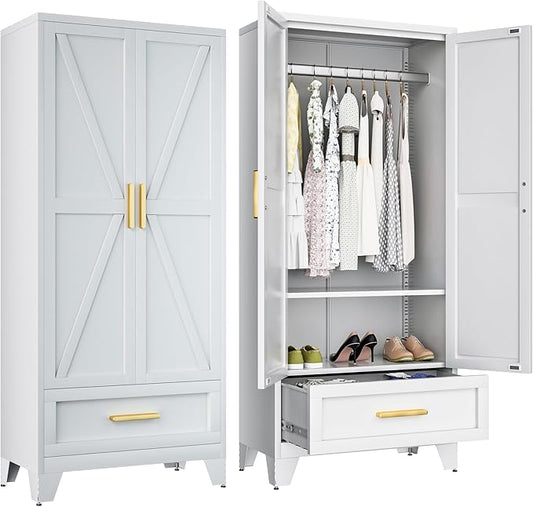 Baborokic Metal Wardrobe Cabinet,71 Armoire Wardrobe Closet with Drawers and Hanging Rod,Metal Armoire with Adjustable Shelves for Closet,Bedroom,Farmhouse Storage Cabinet with Drawer(White)