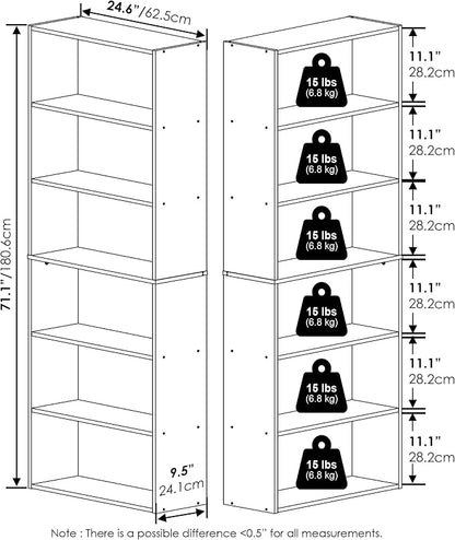 Furinno Jaya Book Shelf Set of 2, 6-Tier Bookshelf, Bookcase, 9.5 x 24.6 x 71, for Home Office, Living Room, Amber Pine