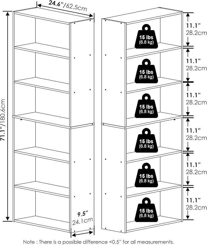 Furinno Jaya Book Shelf Set of 2, 6-Tier Bookshelf, Bookcase, 9.5 x 24.6 x 71, for Home Office, Living Room, Espresso