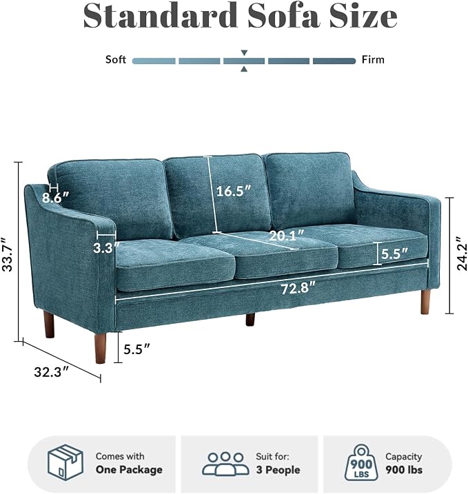 Kingfun 80" Chenille Sofa, 3 Seater Couch, Mid Century Modern Couches with Solid Wood Legs for Living Room Bedroom