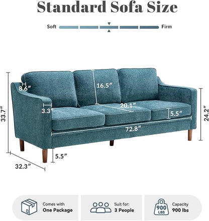 Kingfun 80" Chenille Sofa, 3 Seater Couch, Mid Century Modern Couches with Solid Wood Legs for Living Room Bedroom