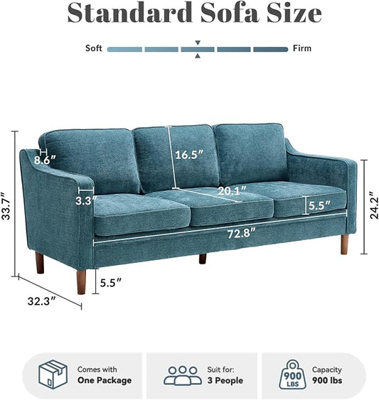 Kingfun 80" Chenille Sofa, 3 Seater Couch, Mid Century Modern Couches with Solid Wood Legs for Living Room Bedroom