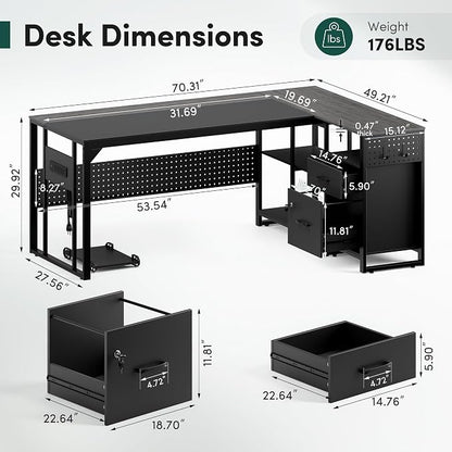 MALOL 70.3" L-Shaped Office Desk, Reversible L-Shaped Computer Desk with Power Outlet, Large Executive Desk with Locked File Drawers & Storage Shelves, Pegboard, Mobile CPU Stand, Modern Corner Desk