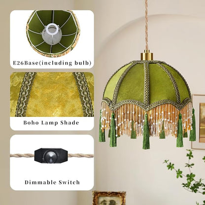 QIYIZM Plug in Pendant Light Boho Hanging Lights with Plug in Cord Fringe Green Hanging Lamp Gold Mid Century Modern Vintage Dimmable Tassel Flower Retro Plug in Chandelier Ceiling Fixture Victorian