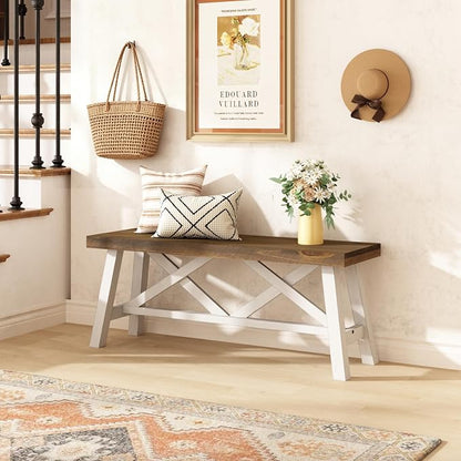 Wnutrees 43" Farmhouse Wood Bench, Rustic Solid Wood Entryway Bench Seat with Double X-Structure for Dining Area Living Room Hallway, Structural Stability, White