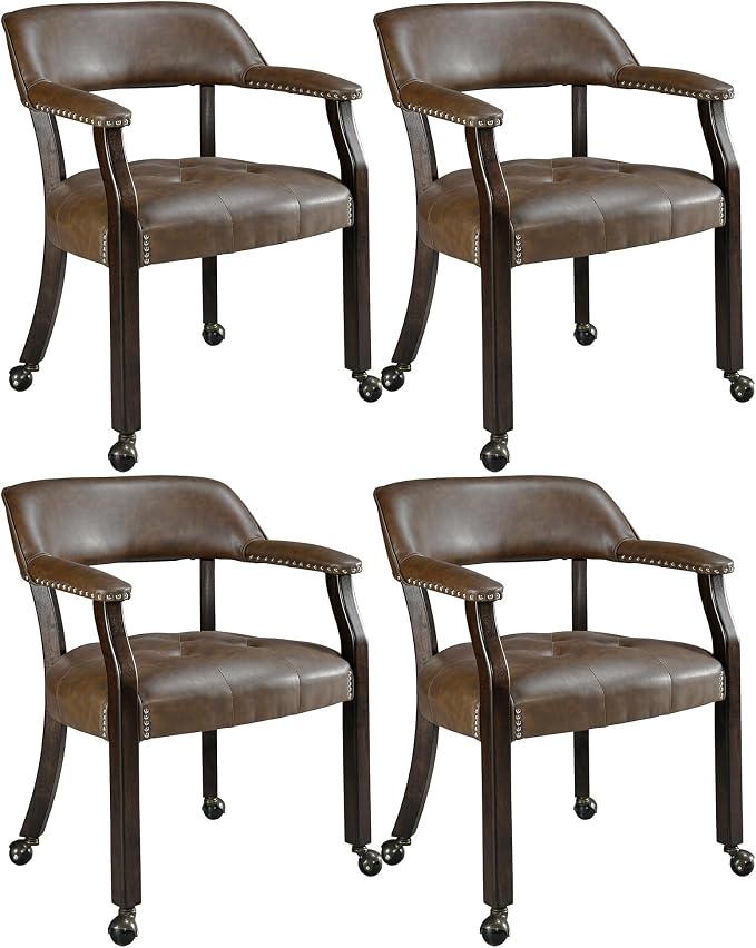 LEEMTORIG Set of 4 Large Dining Chairs with Casters and Arms, Rolling Dining Chairs with Wheels, Solid Wood Boss Caption's Chair, 26" D x 25.2" W x 31.5" H, Espresso Legs & Choalate PU, XXY-1910-BN