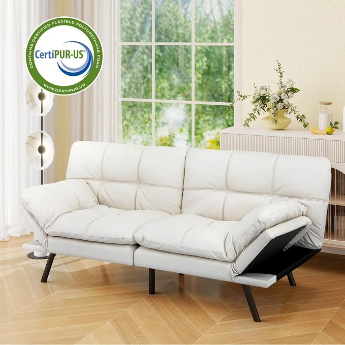 Vipbear 71" Futon Sofa Bed - Convertible Sofa Beds/Adjustable Backrest & Armrest, Comfy Loveseat Sleeper for Small Spaces, Apartments & Offices,Faux Leather White Futons