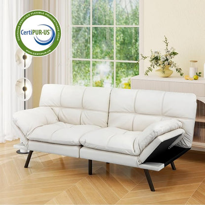 Vipbear 71" Futon Sofa Bed - Convertible Sofa Beds/Adjustable Backrest & Armrest, Comfy Loveseat Sleeper for Small Spaces, Apartments & Offices,Faux Leather White Futons