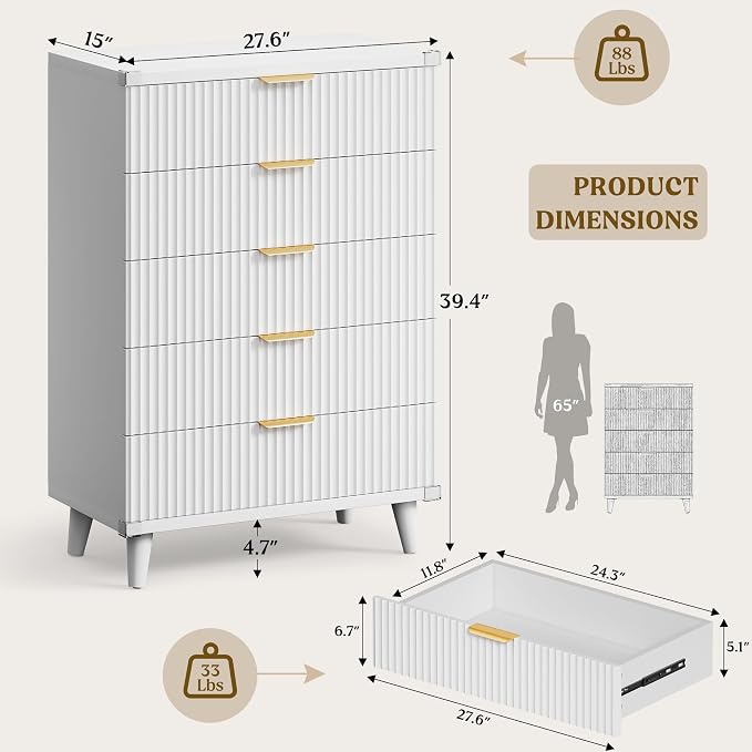 Lulive Modern Dressers and Nightstands Set 4-Piece, 6-Drawer Dresser + 2 Night Stands + 5 Drawers with Charging Station Modern Bedroom Sets Solid Wood Legs White