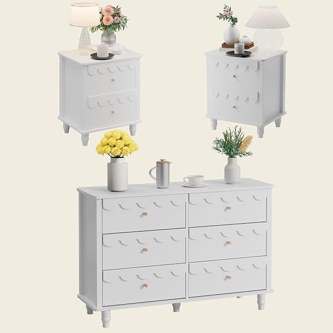 Anbuy 3 Pcs Bedroom Sets, Scalloped 6 Drawer Dresser and Night Stand Sets for Bedroom, Two Drawers Nightstand Set of 2 & 6 Drawer Dresser Combo 3 Pieces (White)