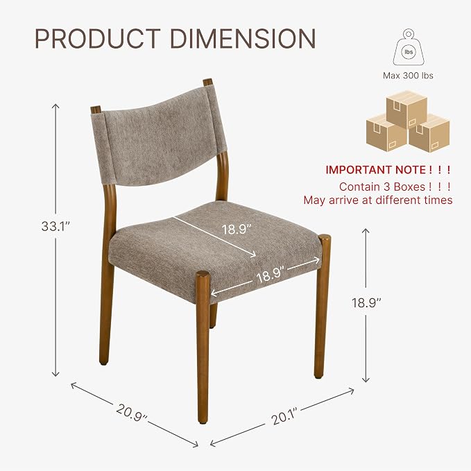 KISLOT Upholstered Dining Chairs Set of 6, Solid Wood Armless Kitchen Chairs with Soft Polyester Fabric, 18.9" Seat Height, Modern Dining Room Seating, 300 lbs Capacity, Brown