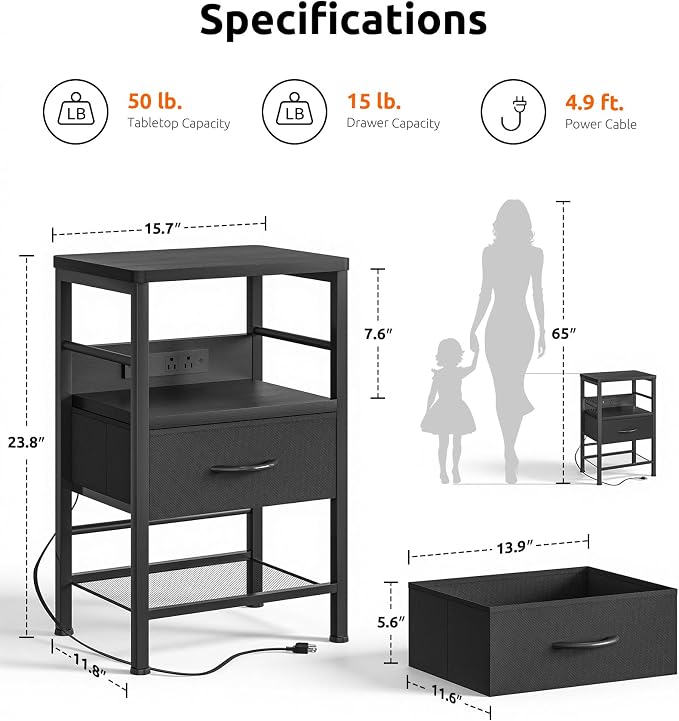Lazzanto Nightstands Set of 2 with Charging Station, Bedside Tables with Open Shelf & Hooks, End Tables with USB-C USB-A Ports AC Outlets, Night Stand for Bedroom with Fabric Drawer, Black