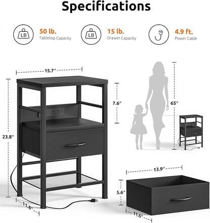 Lazzanto Nightstands Set of 2 with Charging Station, Bedside Tables with Open Shelf & Hooks, End Tables with USB-C USB-A Ports AC Outlets, Night Stand for Bedroom with Fabric Drawer, Black