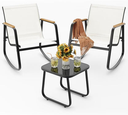 Ahomly 3 Pieces Patio Furniture Set, Outdoor Textilene Furniture Set with Wooden Armrests, Coffee Table with Tempered Glass Tabletop, Patio Chairs for Lawn, Balcony, White