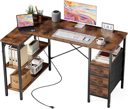 DUMOS L Shaped Desk with Shelf Drawers 47 Inch, Brown Corner Computer Desks Gaming with Power Outlet, Study Table with Adjustable Shelves, Home Office Tables for Bedroom Teacher Reading Writing