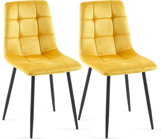 NORDICANA Yellow Velvet Dinner Chairs Set of 2, Modern Armless Biscuit Tufted Dining Side Chairs with Metal Legs for Kitchen Living Room Vanity